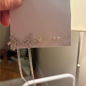 Rhinestone Bow and Pearl Stud Earring Set